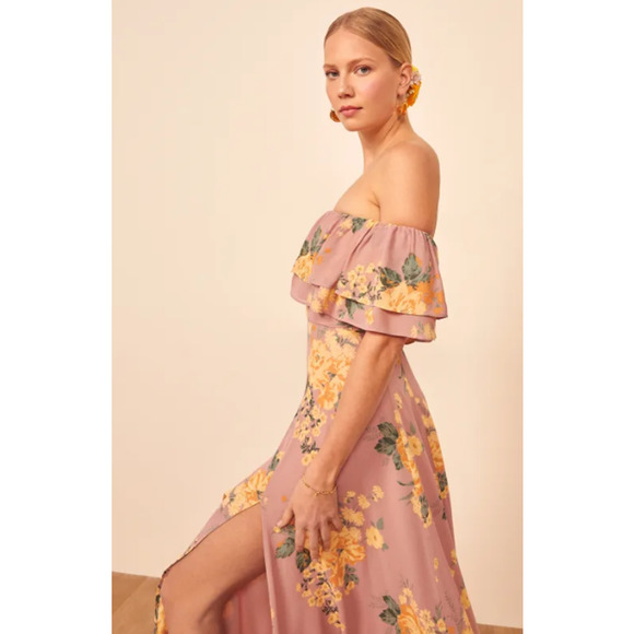 REFORMATION Abelia Dress Floral Off The Shoulder Ruffle Side Slit Maxi Gwenyth - Picture 4 of 15